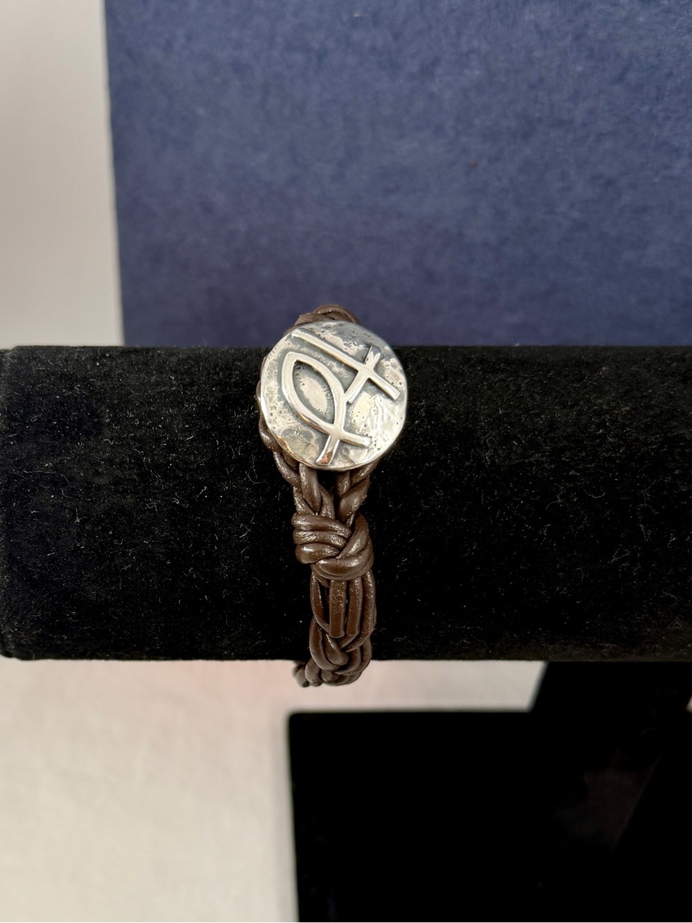 JAMES AVERY Sterling Silver Braid Brown Leather Ichthus Fish Cross Bracelet 7.5”